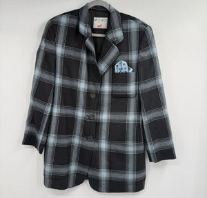 Mondi Plaid Wool Blazer Jacket Womens 8 Black Blue Check Vintage Pocket Square